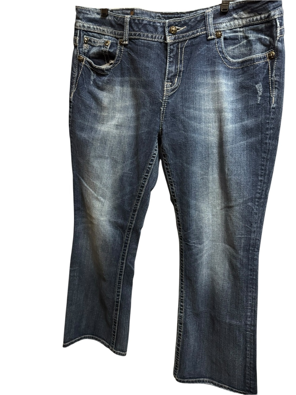 Miss Me Bootcut Jeans in Distressed Dark Blue Wash